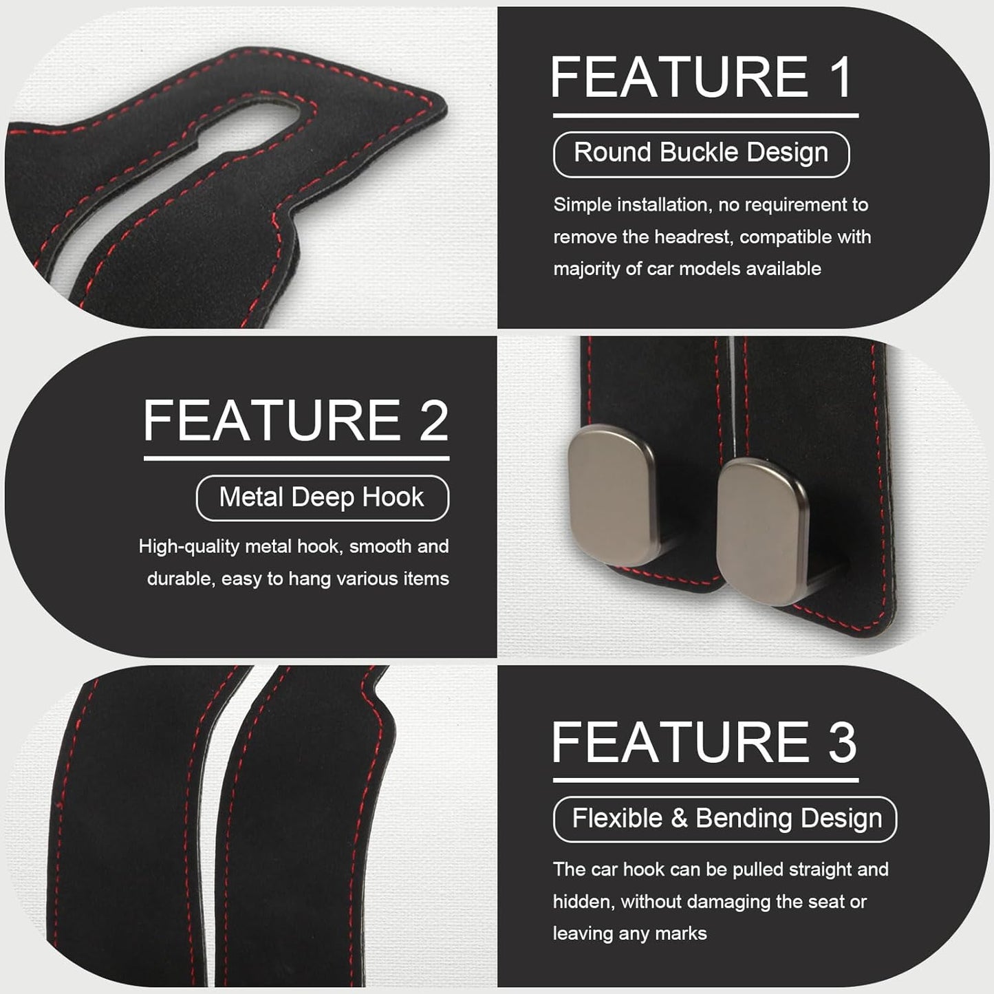 Premium Suede Multifunctional Headrest Hooks for Car - Set of 2 Universal Seat Back Storage Holders